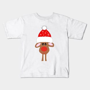 Festive Christmas Reindeer With Red Snowflake Hat Kids T-Shirt